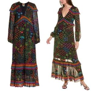 Farm Rio Fruit Garden Maxi Dress Long sleeve chiffon tropical palm print M